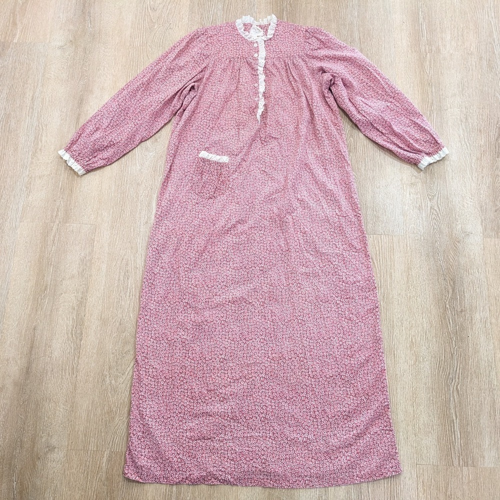 Vintage‎ 70s Prairie Maxi Nightgown M/L Pink Floral Calico Eyelet Lace Ruffle